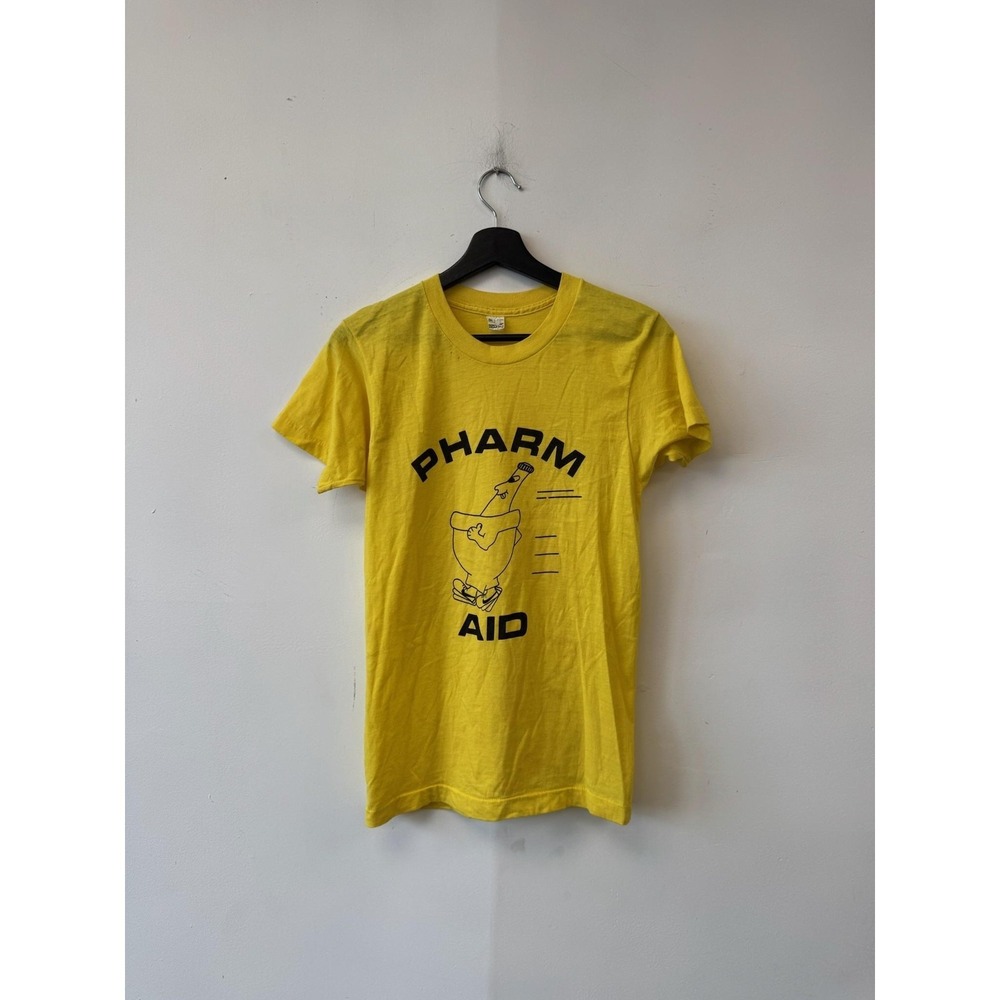 Vintage Pharm‎ Aid Shirt Mens XS Yellow Screen Stars Pharmacy Graphic Tee USA